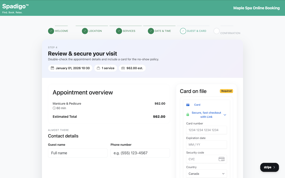 Online booking screenshot